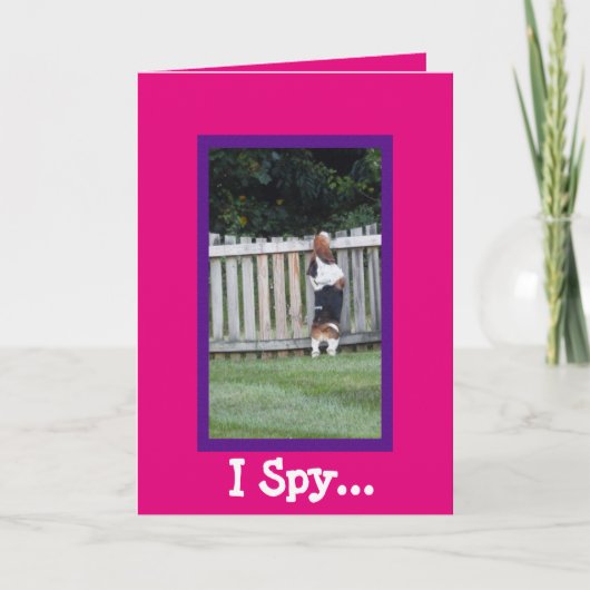 Schattigee "I Spy" Verjaardag Kaart met Basset Hou (Voorkant)