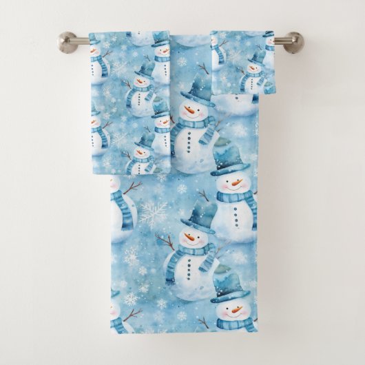 Schattigee Ice Blue Snowman en sneeuwvlokken Bad Handdoek (Insitu)