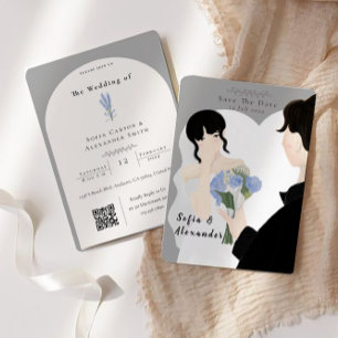 Schattigee illustratie met QR-code RSVP bruiloft Kaart