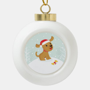 Schattigee illustratie van een puppy in de sneeuw keramische bal ornament