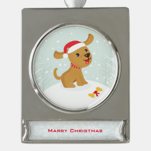 Schattigee illustratie van een puppy in de sneeuw verzilverd banner ornament