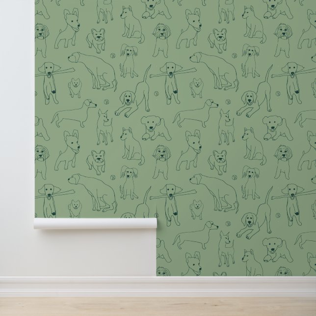 Schattigee illustraties van Dogs Green Line Art Behang (Applicatie)