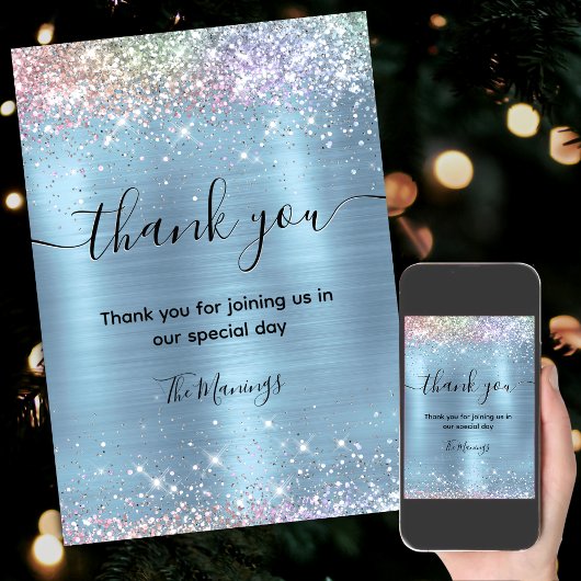Schattigee iridescen ijsblauwe faux glitter bedank kaart