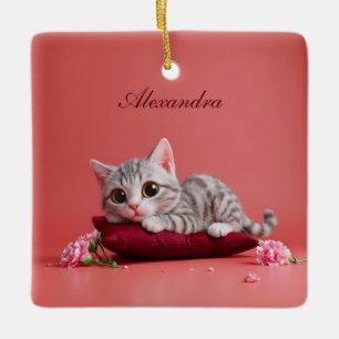 Schattigee Januari Kat met Anjers Keramisch Ornament