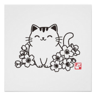 Schattigee japanse kat en sakura met "neko" stempe perfect poster