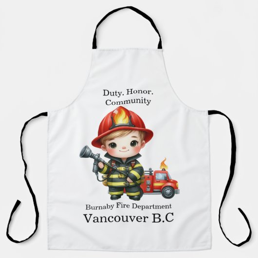 Schattigee jonge brandweerman in rode uitrusting schort (Voorkant)