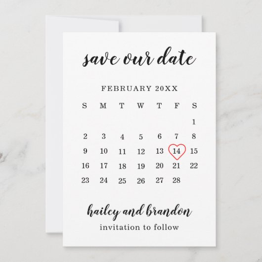 Schattigee Kalender Rood Hart Modern Bruiloft Save The Date (Voorkant)