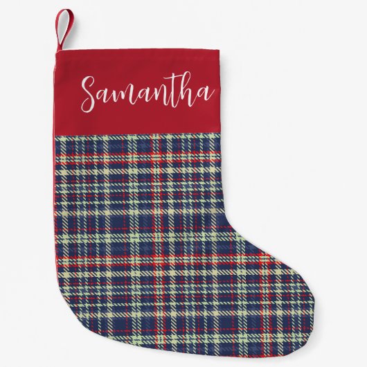 Schattigee kalligrafie Script Navy Blue Plaid Patt Kleine Kerstsok (Voorkant)
