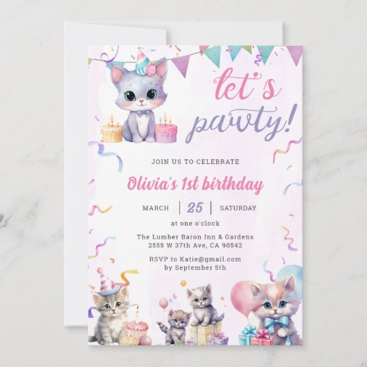 Schattigee kat 1e verjaardagsfeestje kaart (Voorkant)