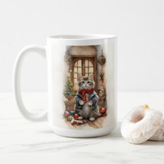 Schattigee kat bij kerstjas en sjaal koffiemok