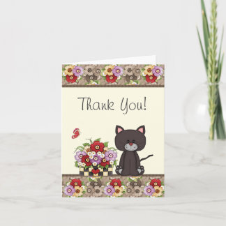 Schattigee kat, bloemen en vlinder dank u kaart