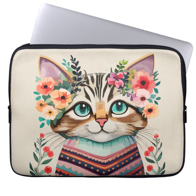 Schattigee Kat Bloemen Waterverf Laptop Sleeve (Voorkant)