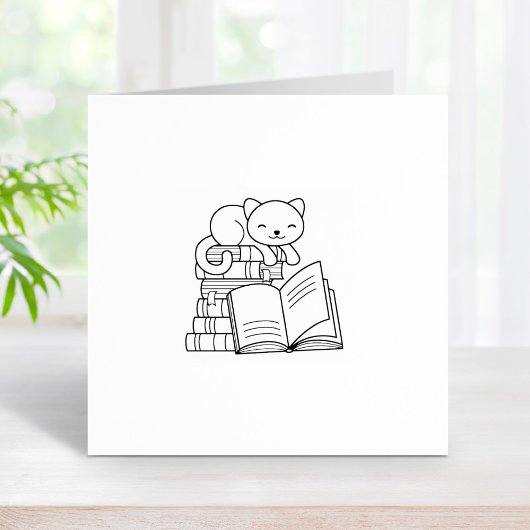 Schattigee kat bovenop Stack of Books 1x1 Rubberstempel