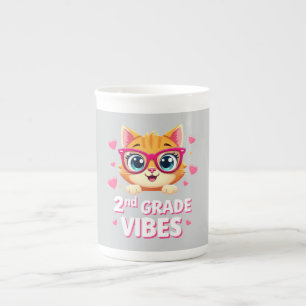 Schattigee Kat Cartoon met Bril - 2e Graad Vibes Porselein Kop