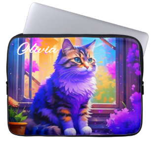 Schattigee kat die in Venster AI Kunst zitten Laptop Sleeve