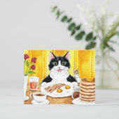 Schattigee kat eet ontbijt briefkaart (Staand voorkant)