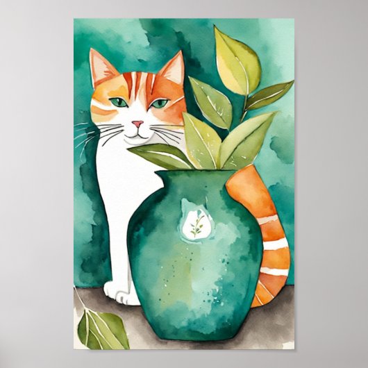 Schattigee kat en Blauwgroen groene vaas botanisch Poster (Voorkant)
