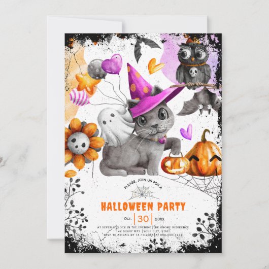 Schattigee kat en uil Halloween-feestuitnodiging Kaart (Voorkant)