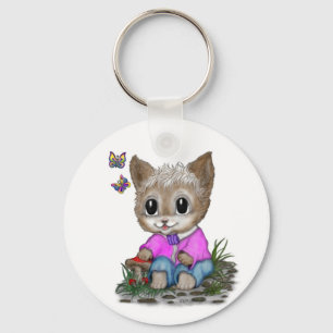 Schattigee kat en vlinder sleutelhanger