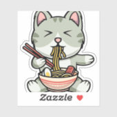 Schattigee kat eten soba noedels cartoon icoon ill sticker (Vel)