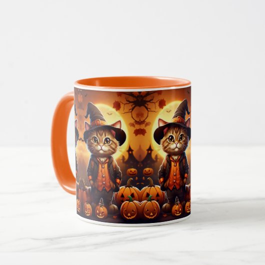 Schattigee kat genieten van Halloween Speels en Sc Mok (Voorkant links)