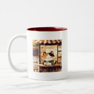 Schattigee Kat Genieten Van Koffie In Het Gezellig Tweekleurige Koffiemok