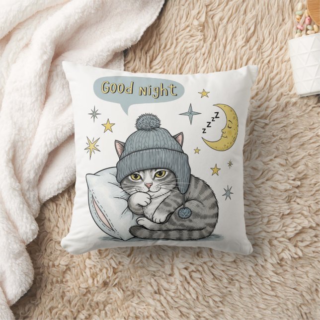 Schattigee kat in beanie kussen - "Good Night" Dec (Deken)