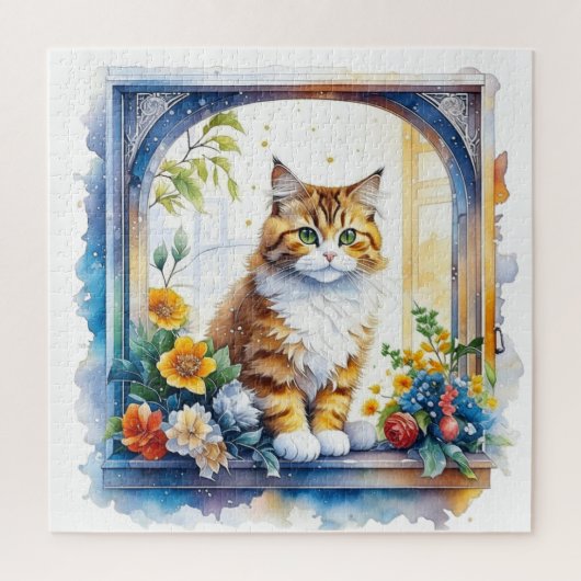 Schattigee kat in bloemenvenster legpuzzel (Verticaal)
