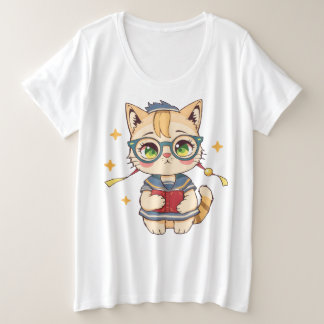 Schattigee kat in bril en schooluniform grote maat t-shirt