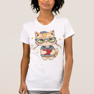 Schattigee kat in bril en schooluniform t-shirt