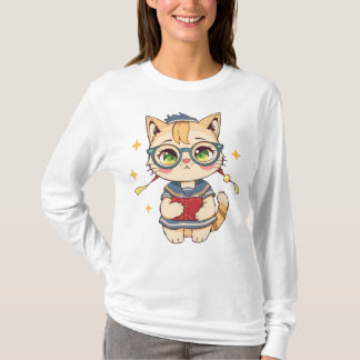 Schattigee kat in bril en schooluniform t-shirt