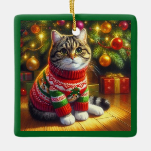 Schattigee kat in een kersttrui keramisch ornament (Voorkant)