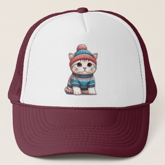Schattigee Kat in een trui en muts Trucker Pet (Voorkant)