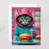 Schattigee kat in het diner met een cheeseburger f briefkaart (Voorkant / Achterkant)