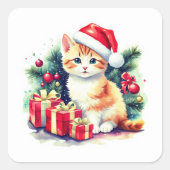Schattigee kat in Santa Hat Vierkante Sticker (Voorkant)