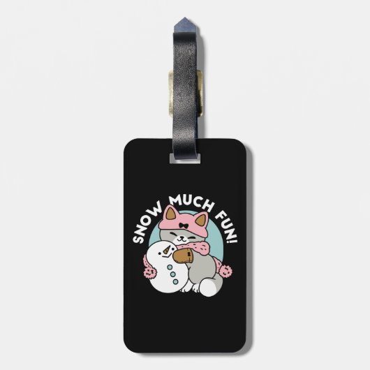 Schattigee kat in sneeuwspullen met sneeuwpopkunst bagagelabel (Achterkant verticaal)