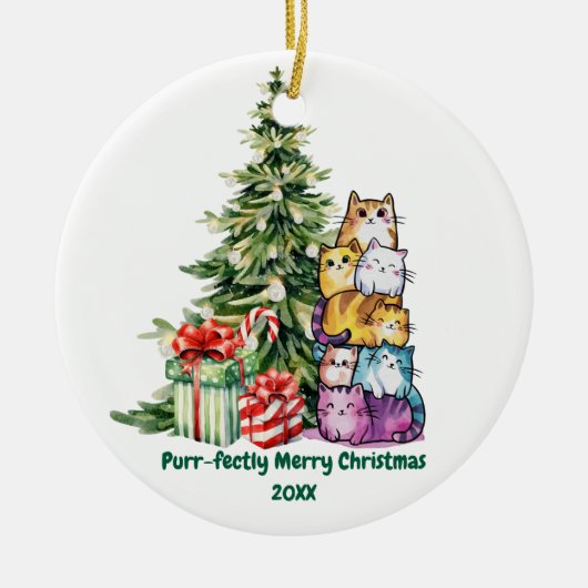 Schattigee Kat & Kerstboom, Waterverf, Eenvoudig Keramisch Ornament (Voorkant)