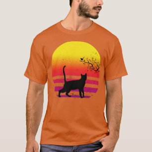 Schattigee kat kijken vogel op boom retro sunse t-shirt