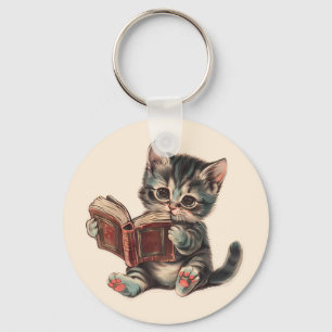 Schattigee kat lezen boek retro kinderen illustrat sleutelhanger