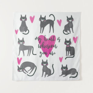 Schattigee kat: liefde belettering illustratie. wandkleed