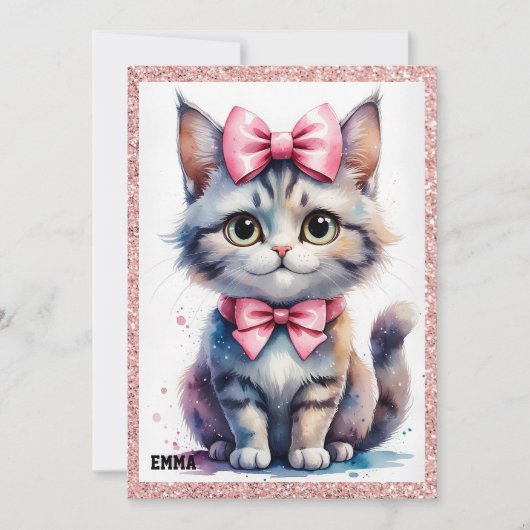 Schattigee kat met boog Happy Birthday Kaart (Voorkant)