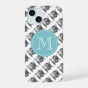 Schattigee kat met brillenpatroon op maat monogram iPhone 15 hoesje