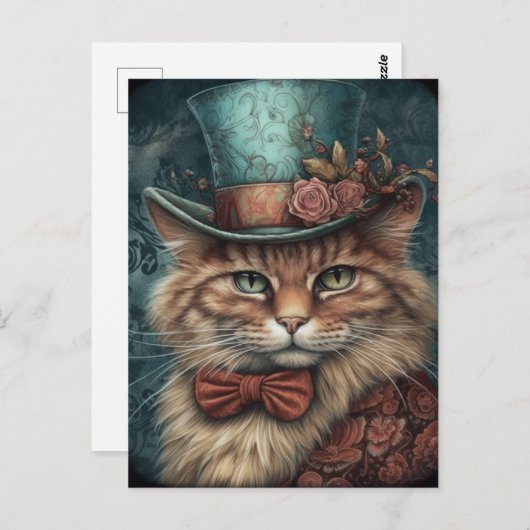 Schattigee kat met een blauwe tofat briefkaart (Voorkant / Achterkant)