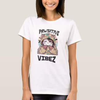 Schattigee Kat met een Hoodie: 'PAWSITIVE VIBEZ de T-shirt