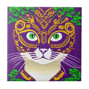 Schattigee kat met een Mardi Gras Mask Tegeltje