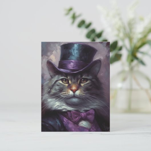 Schattigee kat met een zwarte en Paarse Tophat Briefkaart (Staand voorkant)