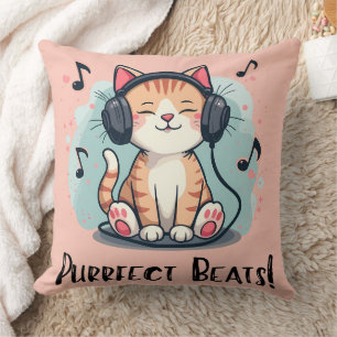 Schattigee kat met hoofdtelefoon Kawaii Music Love Kussen