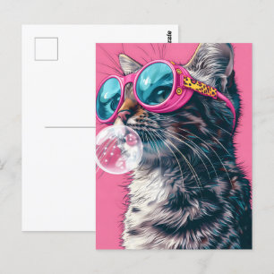 Schattigee kat met kauwgom, roze, Postcrossing Briefkaart