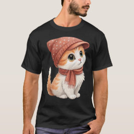 Schattigee kat met Pet, sjaal, pastelkleur T-shirt