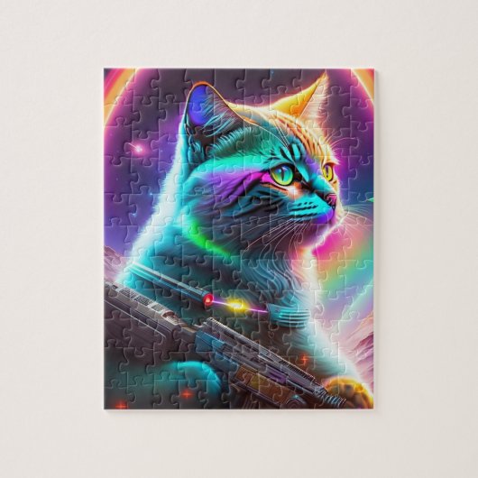 Schattigee kat met Pistool, futuristische sci-fi a Legpuzzel (Verticaal)